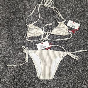 2 Piece Bikini White And Metallic Gold Sz XS Solid Stripped New W/ Tags Swimsuit